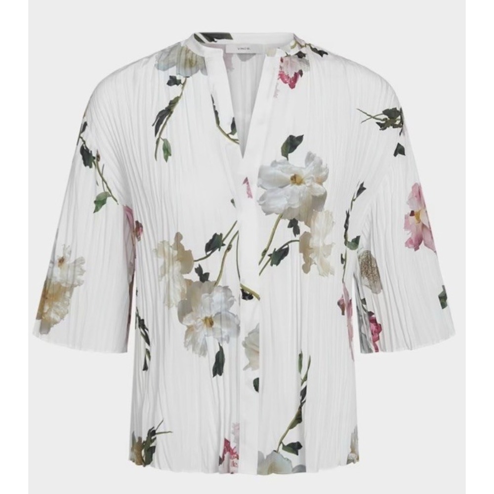 Vince Wilted Peony Plissé Pleated Band Collar Button-Up Blouse White Sz M EUC